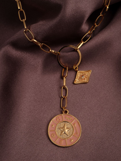 Pembe Mineli Uzun Gold Renk Plaka Kolye