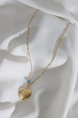 Koyu Yeşil Mineli Kalp Kapaklı Çift Taraflı Kullanıma Uygun Gold Renk Kolye