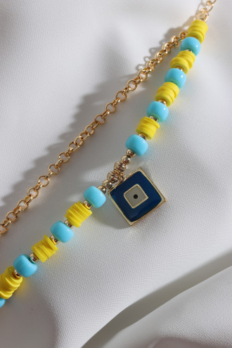 2'Li Sarı Fimo Boncuklu Kare Sallantılı Lacivert Mineli Bileklik