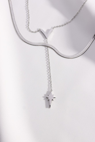 Ikili Kutup Yıldızı Sallantılı Çelik Gümüş Renk Kolye