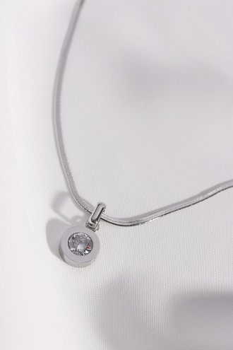 Zircon Taş Sallantılı Yassı Italyan Zincirli Çelik Gümüş Renk Kolye