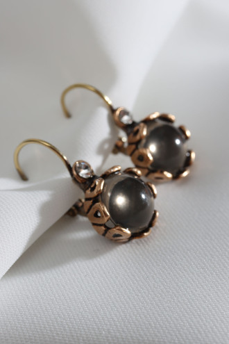 Yuvarlak Antrasit Saydam Taşlı Otantik Küpe