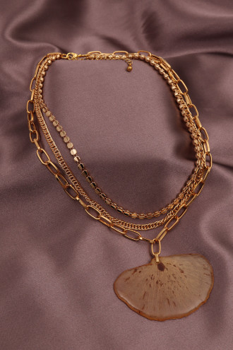 Çoklu Zincirli Gerçek Sarı Gül Yapraklı Gold Renk Kolye