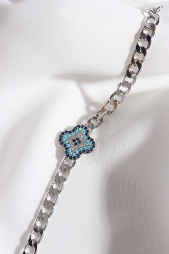 Zircon Taşlı Gümüş Renk Nazarlı Yonca Zincir Bileklik