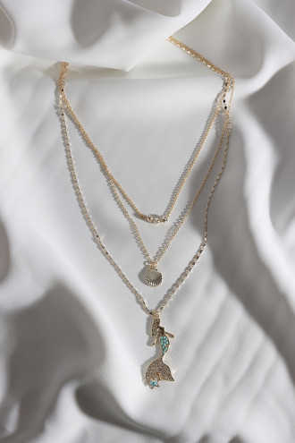 3'Lü Mercan Taşlı Deniz Kızı Gold Renk Kolye