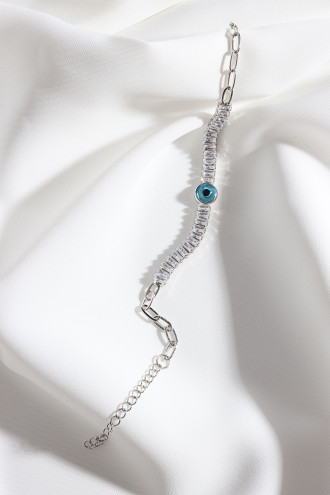 Baget Zircon Taşlı Nazar Boncuklu Gümüş Renk Zincir Bileklik