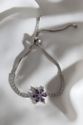 Mor Zircon Taşlı Çiçek Gümüş Renk Bileklik