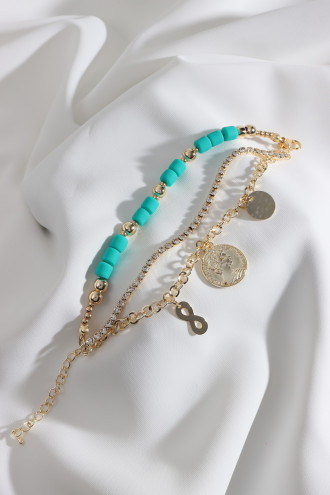 3'Lü Madalyon Sallantılı Yeşil Lino Boncuklu Bileklik