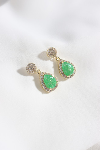 Neon Yeşil Taş Gold Renk Damla Küpe