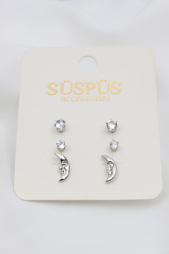 6'Lı Tek Taşlı Ay Figürlü Gümüş Renk Küpe