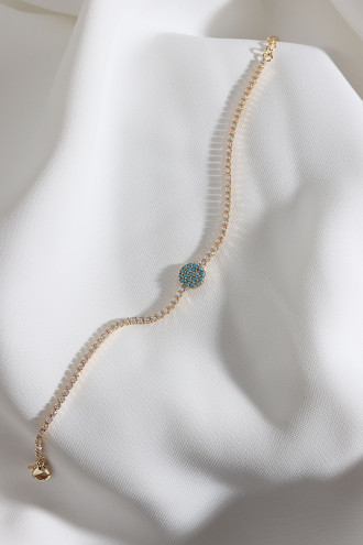 Turkuz Taşlı Yuvarlak Figür Zircon Taş Gold Renk Suyolu Bileklik