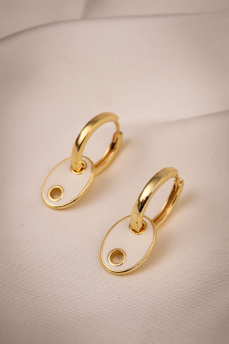 Düğme Model Beyaz Mineli Gold Renk Halka Küpe