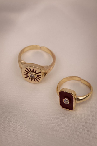 Bordo Mineli 2'Li Gold Renk Yüzük