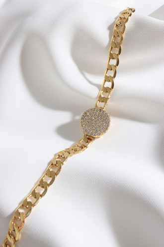Beyaz Zircon Taşlı Yuvarlak Gold Renk Zincir Bileklik
