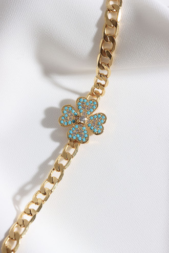 Beyaz-Mavi Zircon Taşlı Gold Renk Yonca Zincir Bileklik