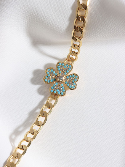 Beyaz-Mavi Zircon Taşlı Gold Renk Yonca Zincir Bileklik