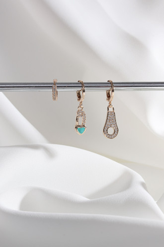 Vip Collectıon 3'Lü Mavi Mineli Gold Renk Halka Küpe