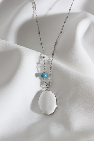 Beyaz Mineli Kapaklı Çift Taraflı Kullanıma Uygun Oval Gümüş Renk Kolye