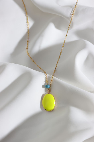 Sarı Mineli Kapaklı Çift Taraflı Kullanıma Uygun Oval Gold Renk Kolye