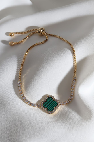 Yeşil Mineli Yonca Asansörlü Gold Renk Bileklik
