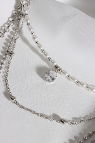 4'Lü Inci Tek Taş Gümüş Renk Kolye