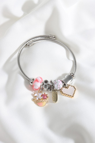 Çelik  Model Renkli Sedefli Kalp Figür Gümüş Renk Bileklik