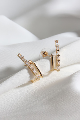 Baget Zircon Taşlı 2'Li Görünümlü Gold Renk Küpe