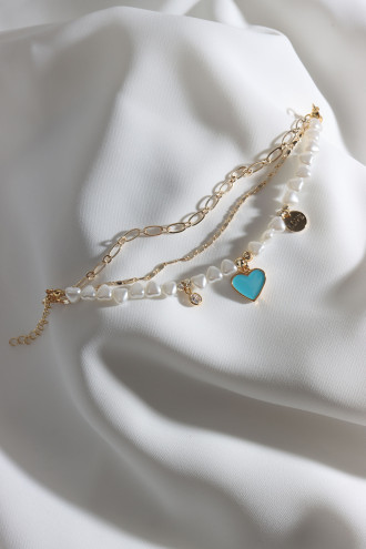 3'Lü İnci Detay Mineli Kalp Uçlu Gold Renk Bileklik