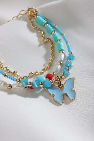 3'Lü Kelebek Uçlu Fimo Boncuk Detaylı Mavi Bileklik