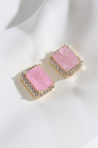 Neon Pembe Taşlı Gold Renk Kare Küpe