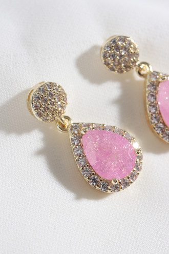 Neon Pembe Taş Gold Renk Damla Küpe