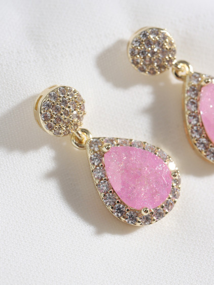 Neon Pembe Taş Gold Renk Damla Küpe
