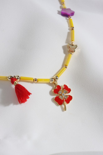 Yonca Uçlu Mor Yıldızlı Sarı Kolye