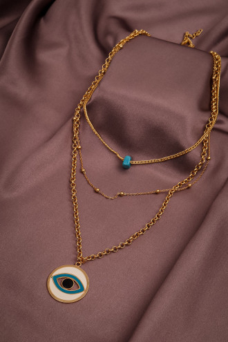 Mavi Boncuklu Göz Figürlü 3'Lü Gold Renk Kolye