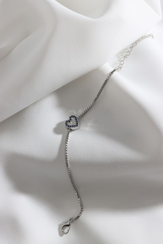 Lacivert Taş Şeritli Zircon Taşlı Gümüş Renk Kalp Bileklik