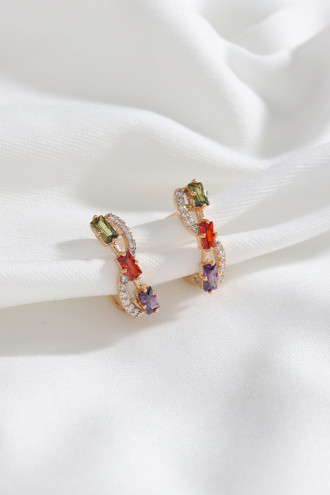 Renkli Baget Taşlı Çelik Gold Renk Küpe