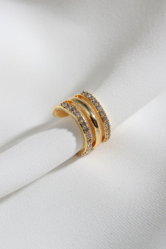 Üç Sıralı Taşlı Tek Sıkıştırmalı Gold Renk Kıkırdak Küpe