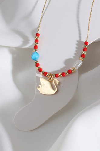 Kırmızı Boncuklu Zircon Taşlı Kuğu Sallantılı Gold Renk Halhal