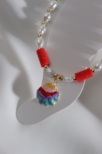 Kırmızı Fimo Boncuk Detaylı İncili Deniz Kabuğu Uçlu Halhal