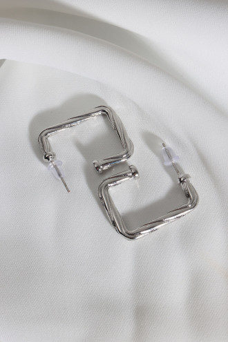 Vintage Kare Gümüş Renk Halka Küpe