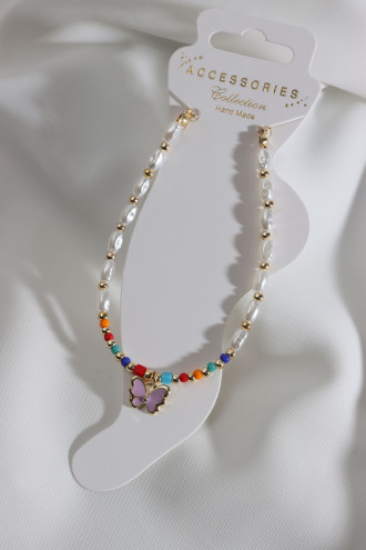 Renkli Boncuk Detaylı Mor Mineli Kelebek Uçlu İnci Halhal