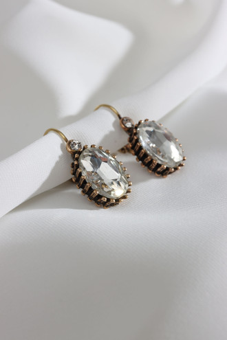 Büyük Boy Beyaz Taşlı Oval Otantik Küpe