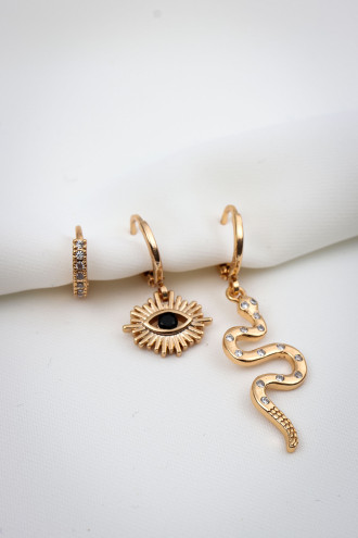 Yılan Figürlü 3'Lü Gold Renk Küpe