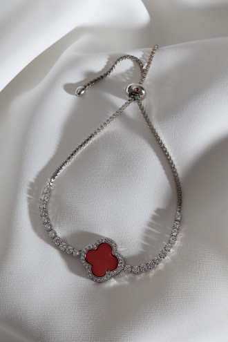 Kırmızı Mineli Yonca Asansörlü Gümüş Renk Bileklik