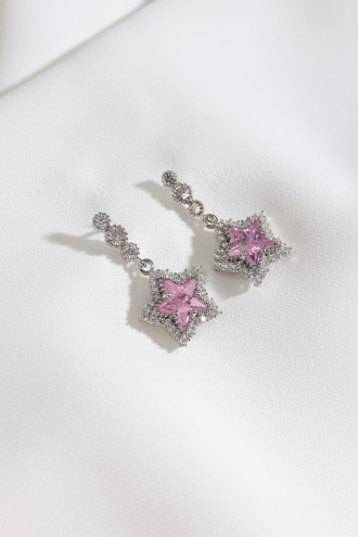 Pembe Taşlı Sallantılı Gümüş Renk Yıldız Küpe