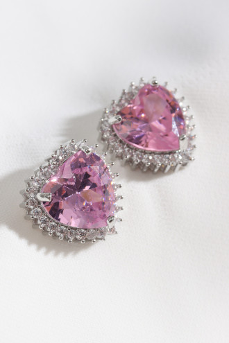 Pembe Taşlı Gümüş Renk Kalp Küpe