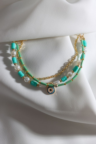 Yeşil Fimo Boncuklu İnci Detay 3'Lü Nazar Boncuklu Bileklik