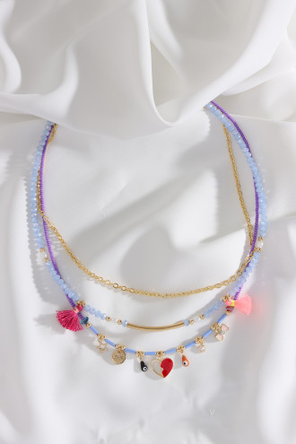 3'Lü Gold Renk Zincir Detaylı Mor Boncuk Charm Kolye