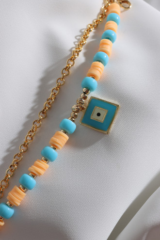 2'Li Turuncu Fimo Boncuklu Kare Sallantılı Bileklik