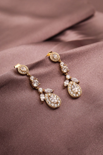 Zircon Taşlı Sallantılı Gold Renk Abiye Küpe